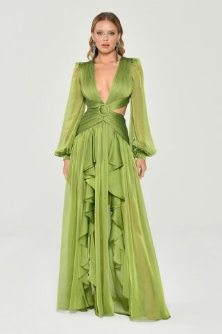 Langes Chiffonkleid mit V-Ausschnitt und Schnalle vorne und doppeltem Schlitz, Grün - 40