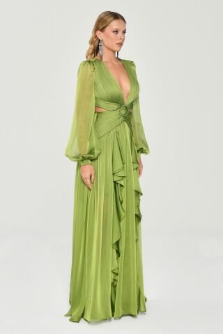 Langes Chiffonkleid mit V-Ausschnitt und Schnalle vorne und doppeltem Schlitz, Grün - 40