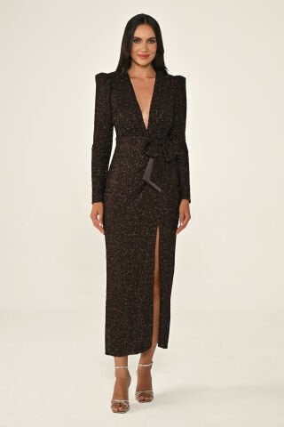 Uzun Kollu Derin V Yaka Vatkalı Yırtmaçlı Payet Midi Elbise