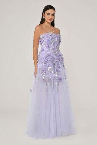 Straplez 3 Boyut Çiçek Aksesuarlı Tül Uzun Elbise Lila - 40
