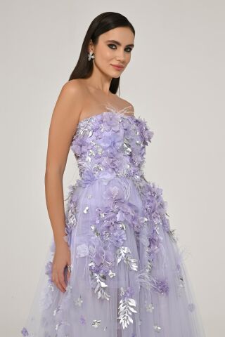 Straplez 3 Boyut Çiçek Aksesuarlı Tül Uzun Elbise Lila - 40