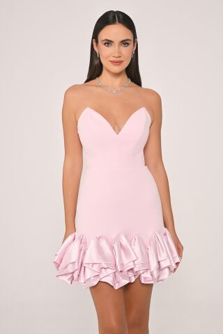Straplez Eteği Saten Fırfırlı Krep Kısa Elbise Pembe - 36