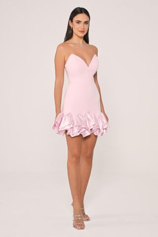Straplez Eteği Saten Fırfırlı Krep Kısa Elbise Pembe - 36