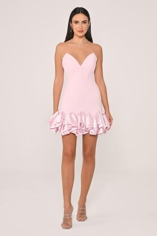Straplez Eteği Saten Fırfırlı Krep Kısa Elbise Pembe - 36