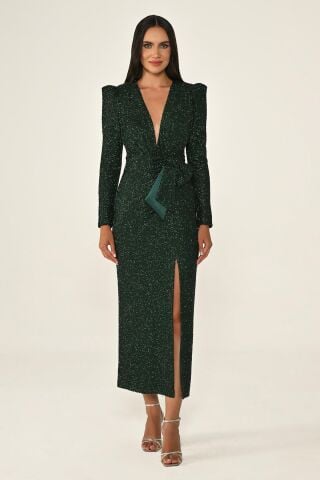 Uzun Kollu Derin V Yaka Vatkalı Yırtmaçlı Payet Midi Elbise