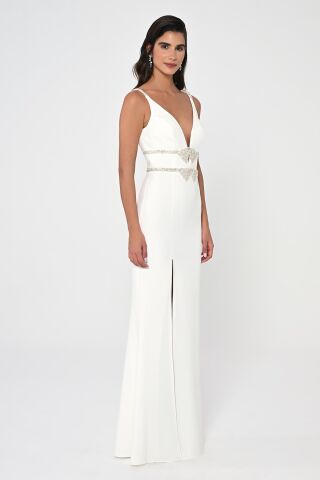 Derin V Yaka Beli İşlemeli Uzun Elbise Beyaz - 42