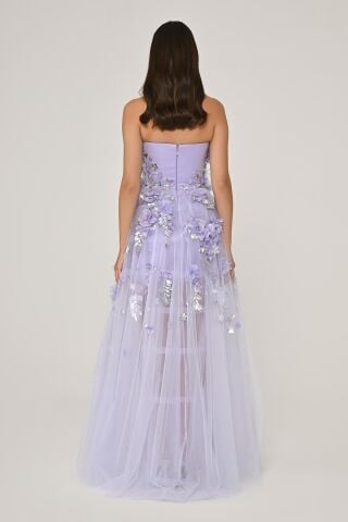 Straplez 3 Boyut Çiçek Aksesuarlı Tül Uzun Elbise Lila - 42
