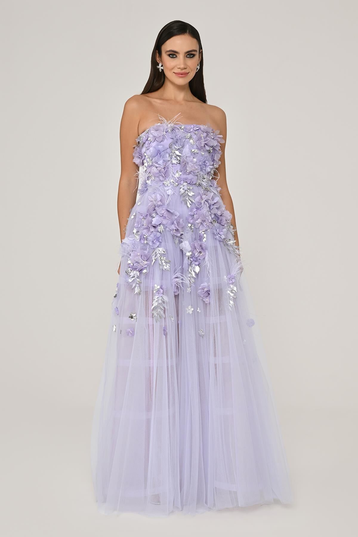 Straplez 3 Boyut Çiçek Aksesuarlı Tül Uzun Elbise Lila - 42