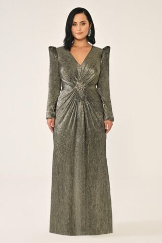 Uzun Kollu Vatkalı Broşlu Parlak Şifon Uzun Elbise SİYAH / ALTIN - 46