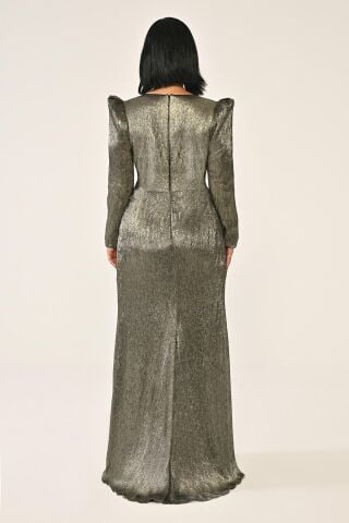 Uzun Kollu Vatkalı Broşlu Parlak Şifon Uzun Elbise SİYAH / ALTIN - 46