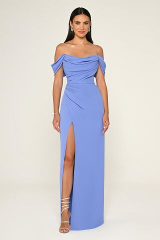 Düşük Omuz Yandan Yırtmaçlı Krep Uzun Elbise İNDİGO - 36