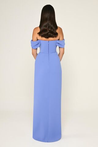 Düşük Omuz Yandan Yırtmaçlı Krep Uzun Elbise İNDİGO - 36