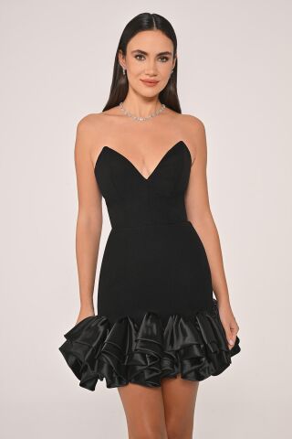 Straplez Eteği Saten Fırfırlı Krep Kısa Elbise Siyah - 36