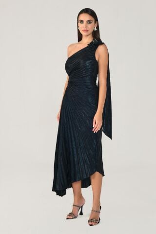 Tek Omuz Piliseli Parlak Kadife Midi Elbise Siyah - 40