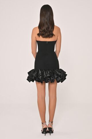 Straplez Eteği Saten Fırfırlı Krep Kısa Elbise Siyah - 38
