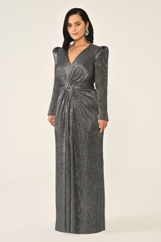 Uzun Kollu Vatkalı Broşlu Parlak Şifon Uzun Elbise SİYAH / GÜMÜŞ - 44