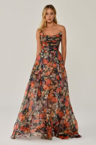 Kayık Yaka Desenli Tül Uzun Elbise ÇİÇEK1 - 36