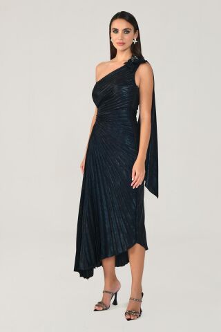 Tek Omuz Piliseli Parlak Kadife Midi Elbise Siyah - 44