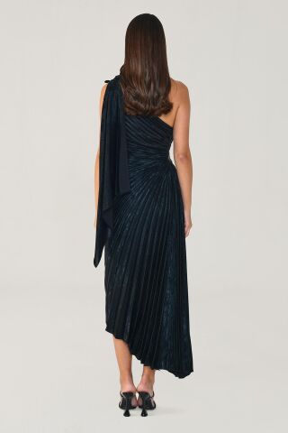 Tek Omuz Piliseli Parlak Kadife Midi Elbise Siyah - 44