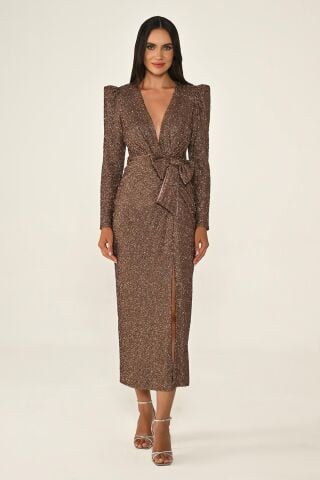 Uzun Kollu Derin V Yaka Vatkalı Yırtmaçlı Payet Midi Elbise AÇIK KAHVE - 46