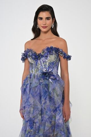 Düşük Fırfırlı Omuz Korse Bel Katlı Tül Uzun Elbise