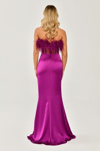 Straplez Otrişli Korse Transparan Bel Saten Uzun Elbise Eflatun - 36