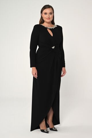Uzun Kollu Yakası Taşlı Vatkalı Krep Uzun Elbise