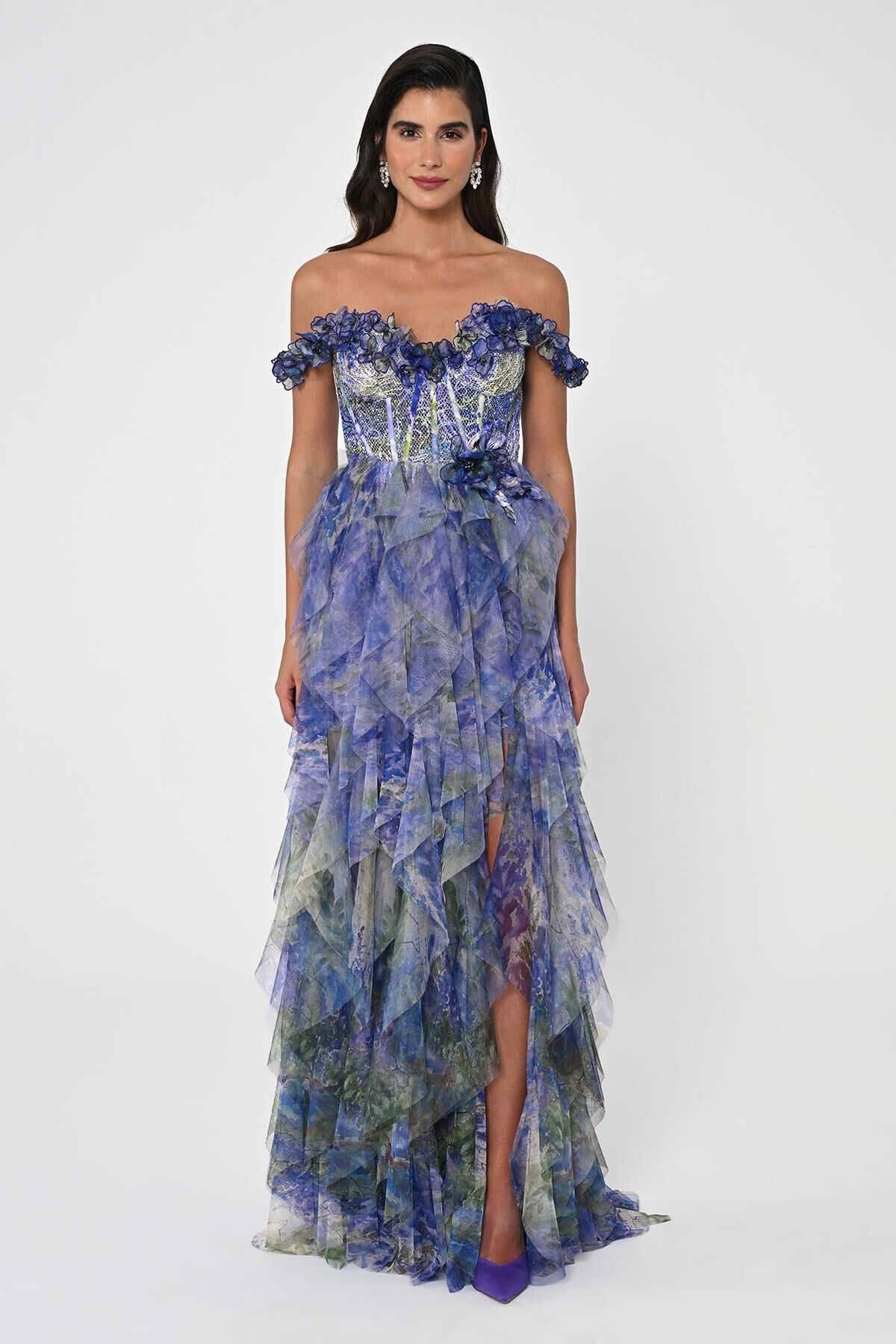 Düşük Fırfırlı Omuz Korse Bel Katlı Tül Uzun Elbise MOR / YEŞİL - 36