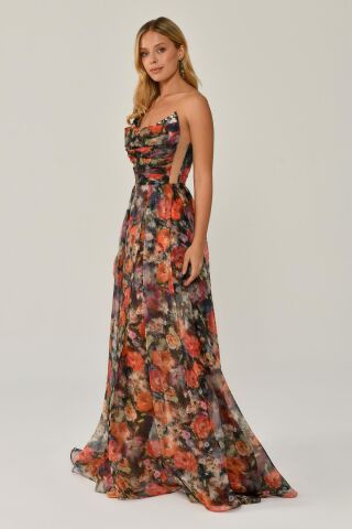 Kayık Yaka Desenli Tül Uzun Elbise ÇİÇEK1 - 40