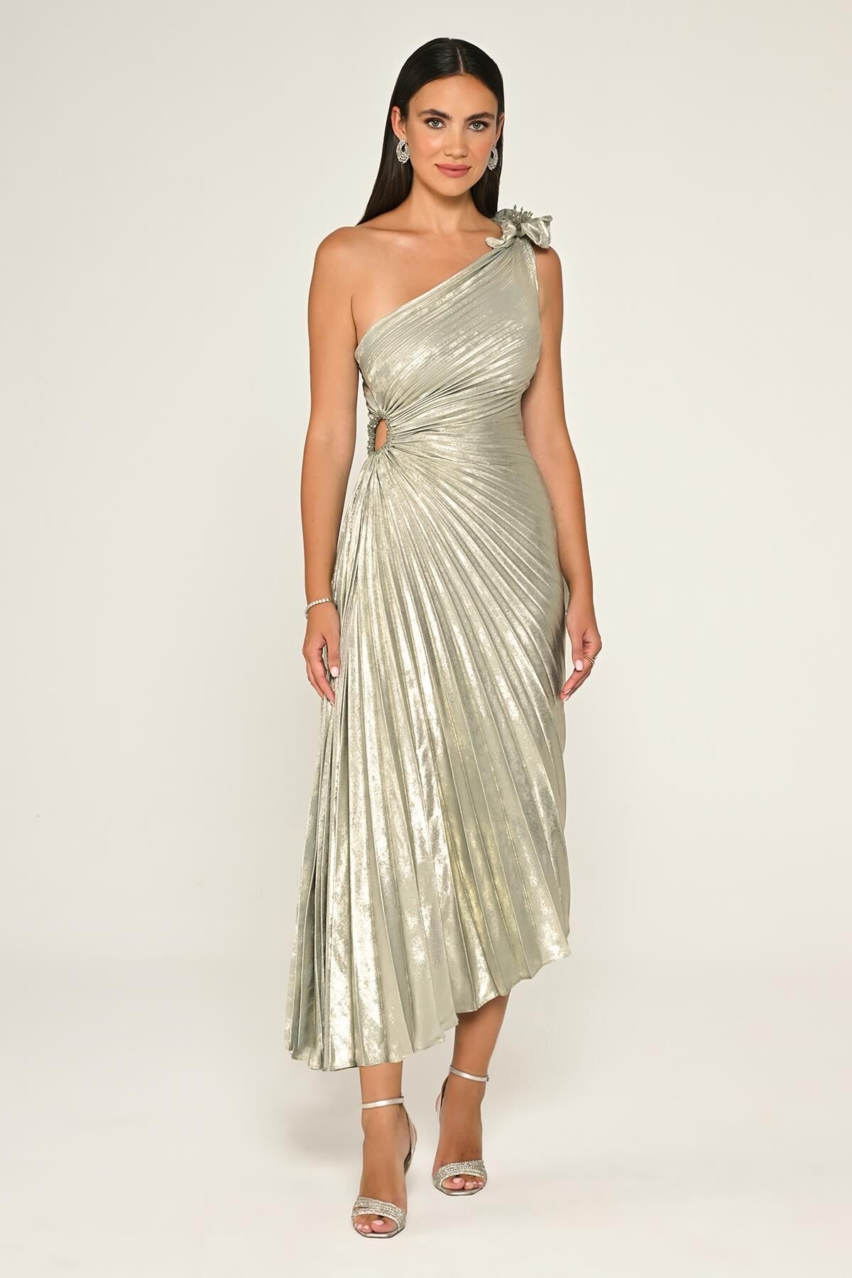 Tek Omuz Piliseli Parlak Kadife Midi Elbise ALTIN / MİNT - 38