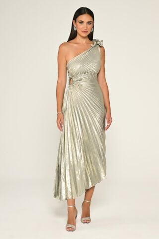 Tek Omuz Piliseli Parlak Kadife Midi Elbise ALTIN / MİNT - 38