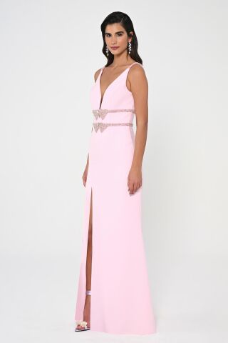Derin V Yaka Beli İşlemeli Uzun Elbise Pembe - 42