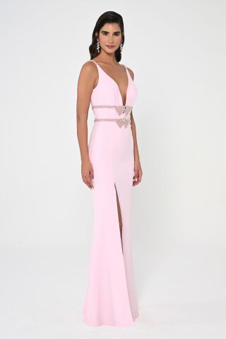 Derin V Yaka Beli İşlemeli Uzun Elbise Pembe - 42