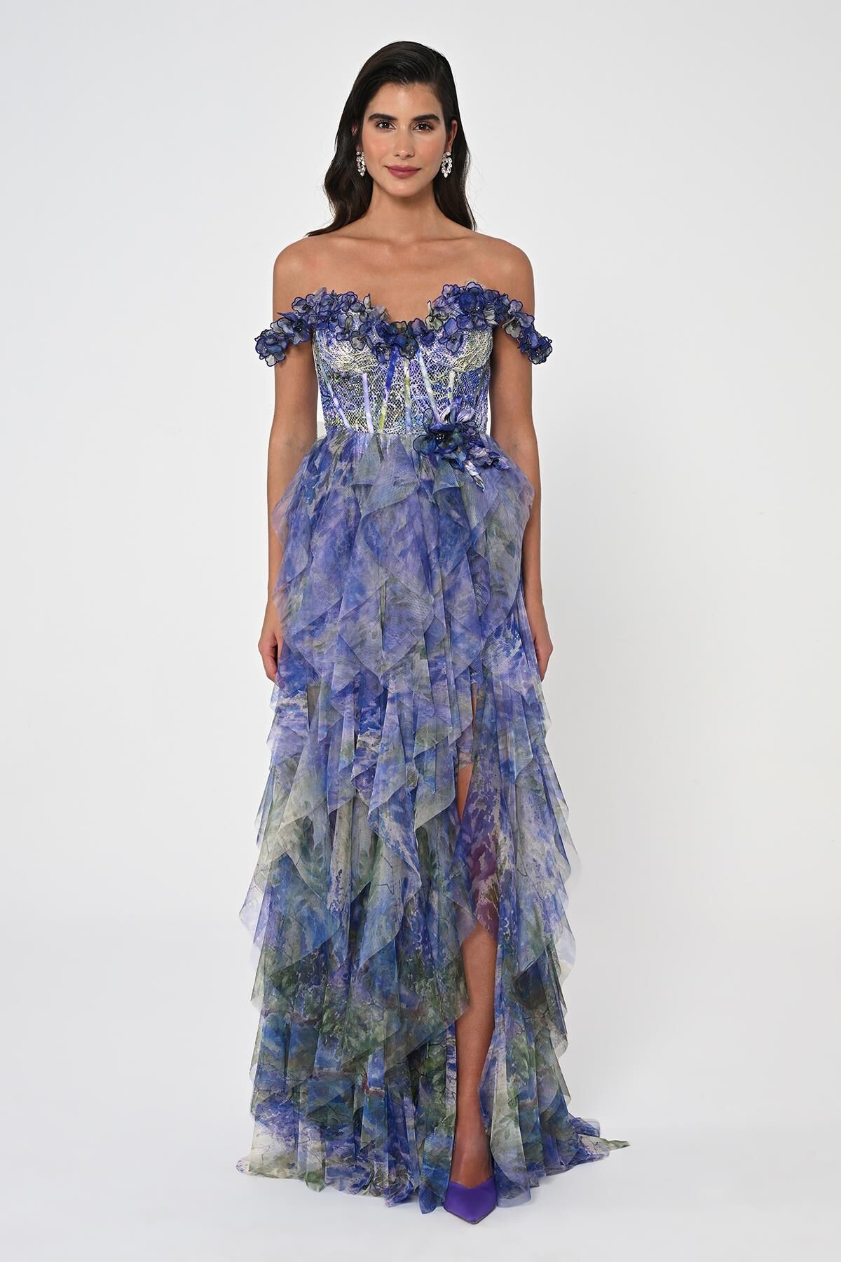 Düşük Fırfırlı Omuz Korse Bel Katlı Tül Uzun Elbise MOR / YEŞİL - 38