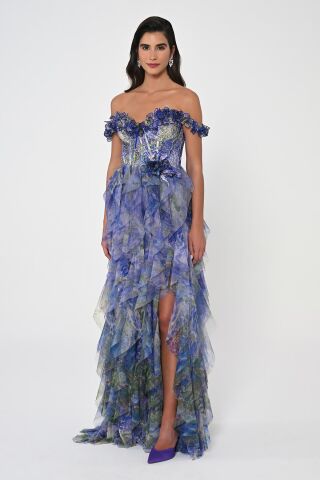 Düşük Fırfırlı Omuz Korse Bel Katlı Tül Uzun Elbise MOR / YEŞİL - 38