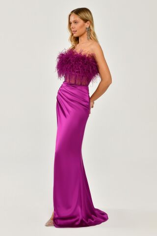 Straplez Otrişli Korse Transparan Bel Saten Uzun Elbise Eflatun - 42