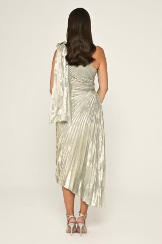 Tek Omuz Piliseli Parlak Kadife Midi Elbise ALTIN / MİNT - 40