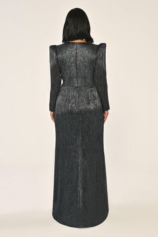 Uzun Kollu Vatkalı Broşlu Parlak Şifon Uzun Elbise SİYAH / MAVİ - 46