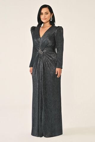 Uzun Kollu Vatkalı Broşlu Parlak Şifon Uzun Elbise SİYAH / MAVİ - 46