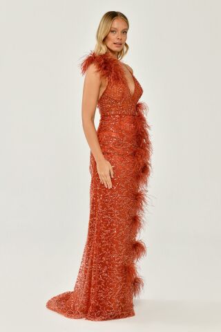 İp Askılı Sırt İp Askılı V Yaka Otriş Akesuarlı Pullu Kumaş Uzun Elbise KİREMİT - 40