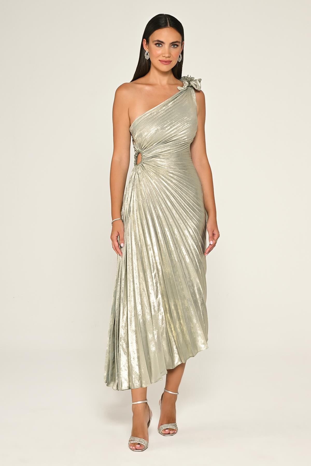 Tek Omuz Piliseli Parlak Kadife Midi Elbise ALTIN / MİNT - 42