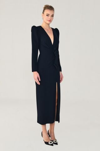 V Yaka Uzun Kollu Yırtmaçlı Uzun Elbise Siyah - 36