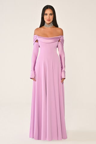 Langes Kleid aus Satin-Crêpe mit schulterfreien Ärmeln