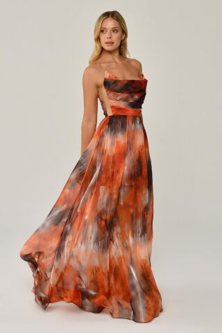 Kayık Yaka Desenli Tül Uzun Elbise ORANGE DESEN - 38