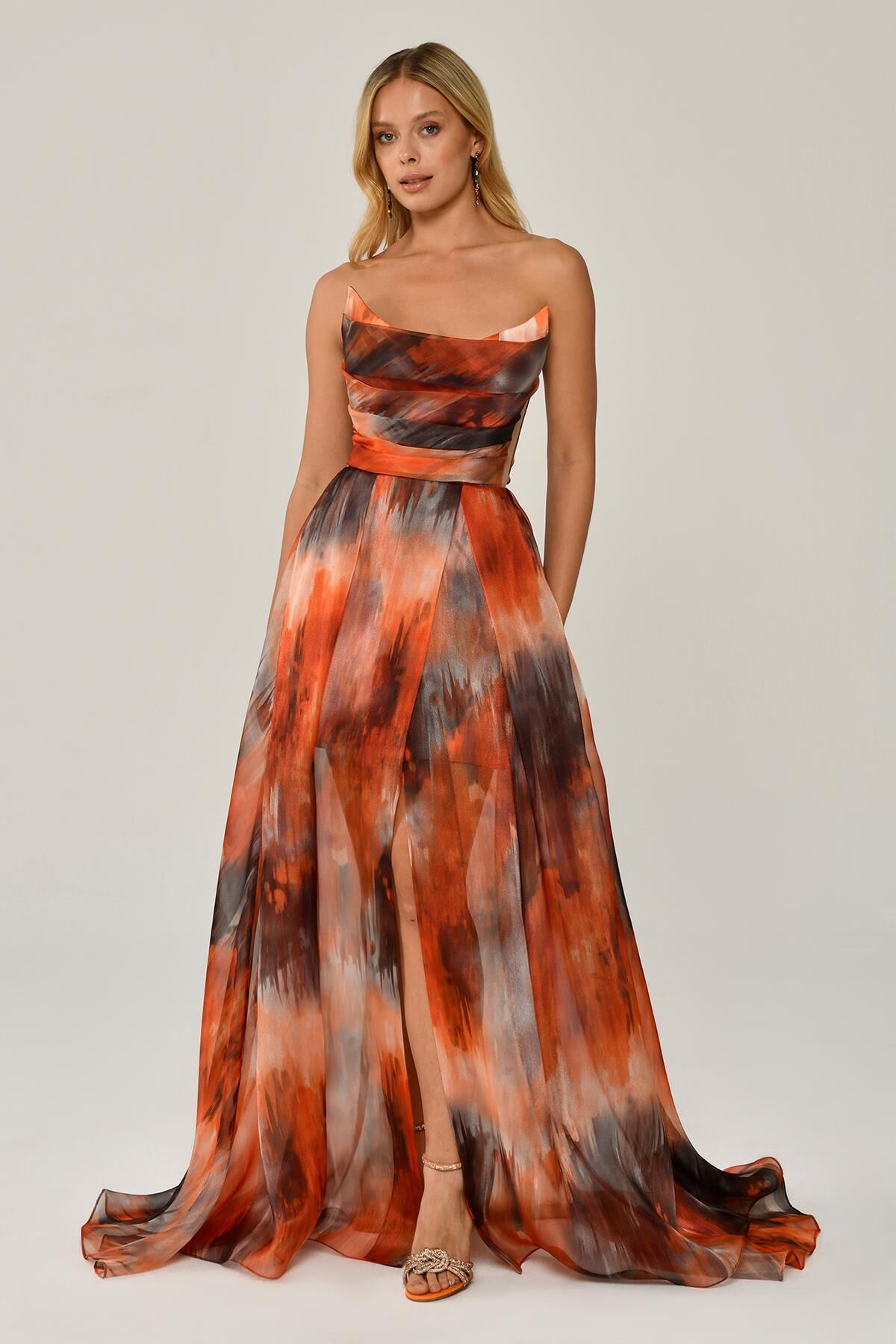 Kayık Yaka Desenli Tül Uzun Elbise ORANGE DESEN - 38