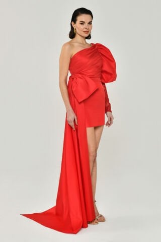 Single Balloon Sleeve Taffeta Fabric Short Dress with Side Tail