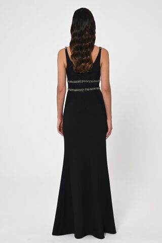 Derin V Yaka Beli İşlemeli Uzun Elbise Siyah - 42