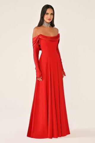 Düşük Omuz Kolları Saten Krep Uzun Elbise Kırmızı - 38