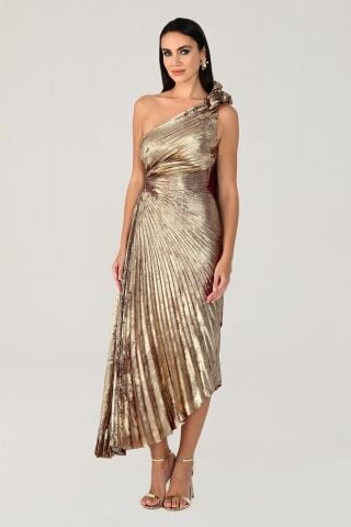 Tek Omuz Piliseli Parlak Kadife Midi Elbise ALTIN / BORDO - 38