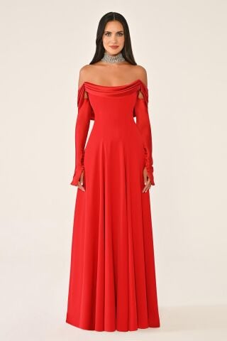 Düşük Omuz Kolları Saten Krep Uzun Elbise Kırmızı - 40